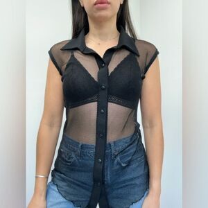 Vintage Y2K Black Mesh Sheer Fish Net Short Sleeve Button Front Top Size M